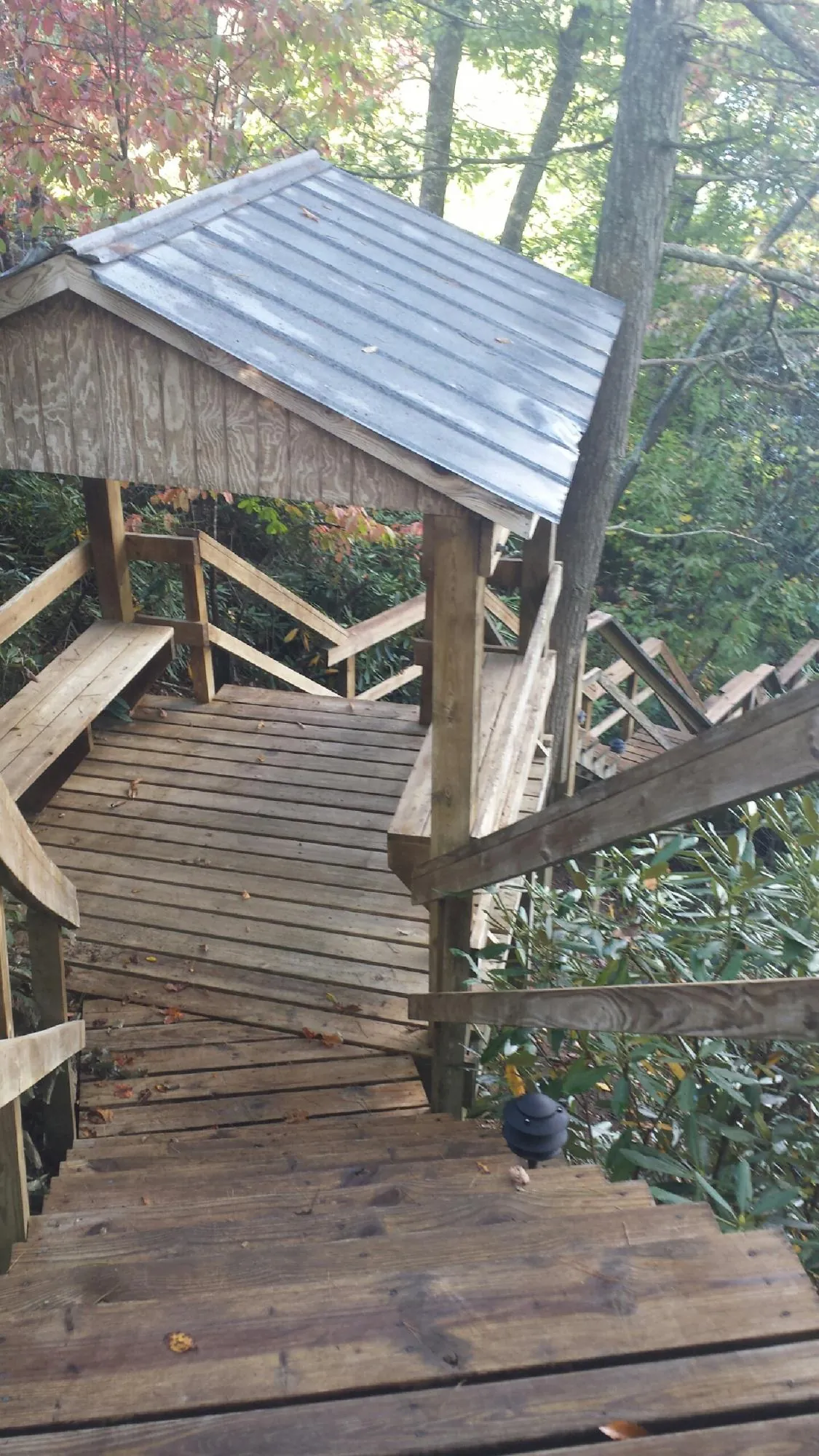 Metal roofed shelter over wooden steps on a wooded walkway — Skylight Repair & Installation work by our crew in Missouri City